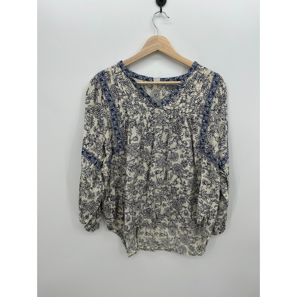 Old‎ Navy Boho Floral Peasant Blouse Blue Cream Cottagecore Top Sz S Feminine
